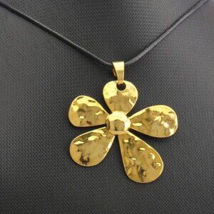 Bohemian Retro 22k Gold Plated Five-Petal Flower Black Waxed Cord Necklace